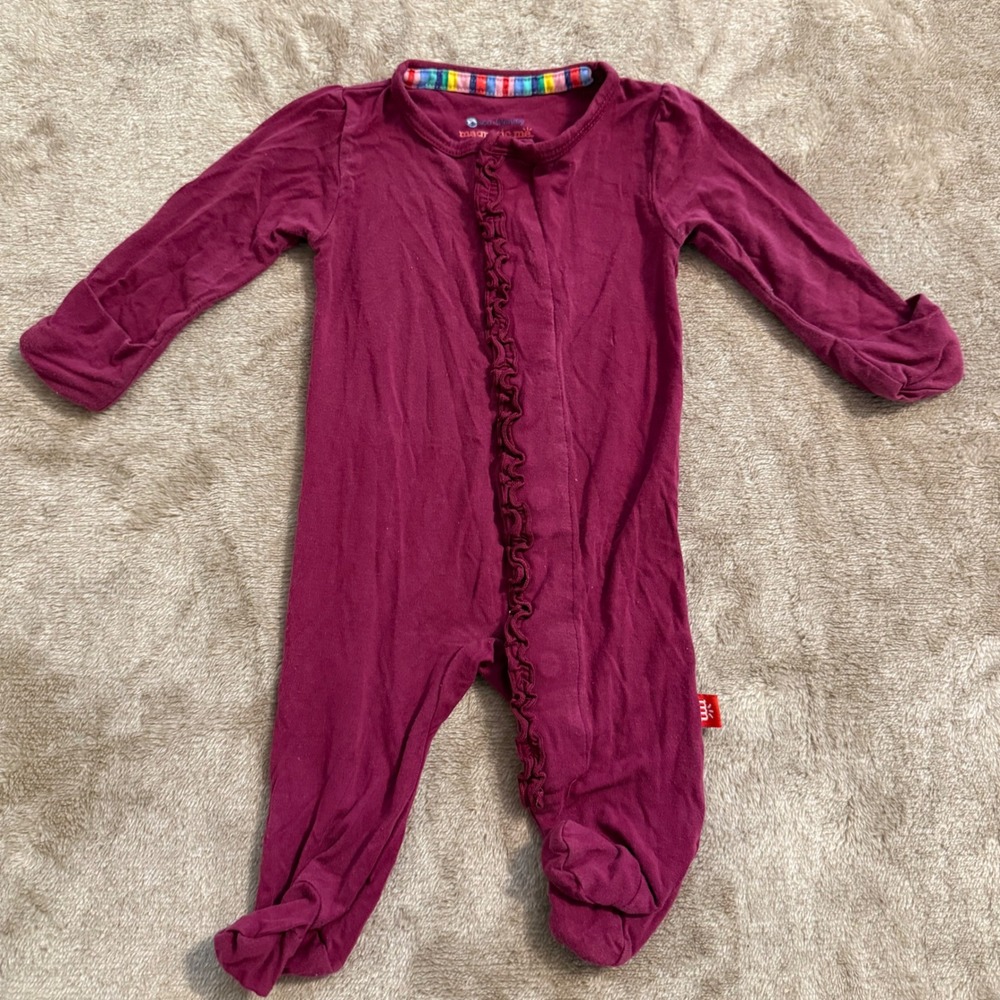 Magnetic Me Newborn Footie Sleeper Plum Purple Ruffle Magnetic Closure 5-8 lbs
